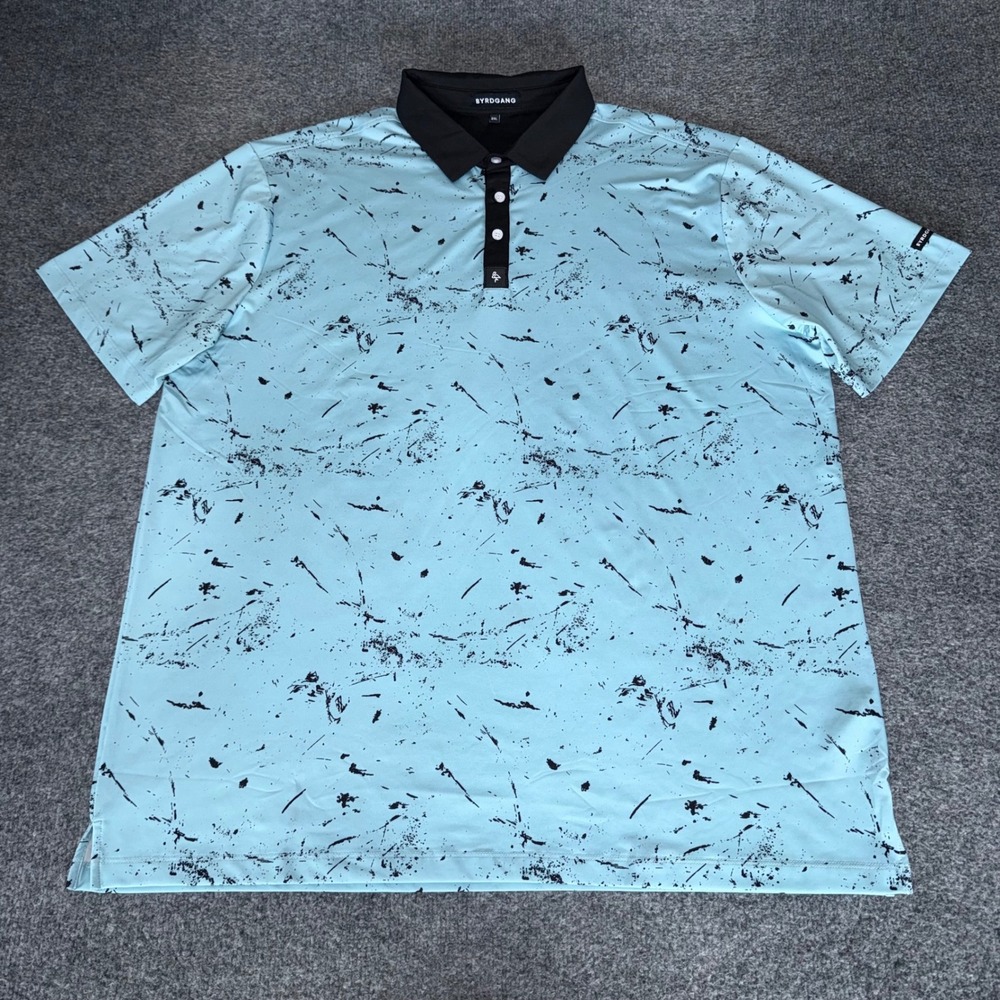 Byrdgang Mens 2XL Golf Polo Shirt Blue Black Paint Splatter Short Sleeve Stretch